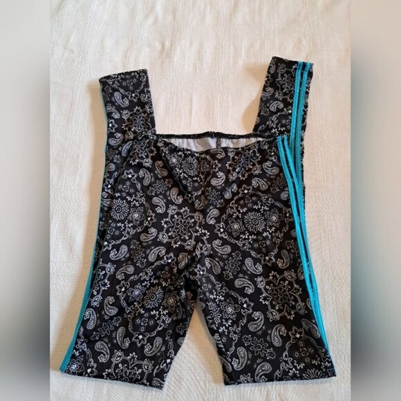 Weissman girls medium black & white floral full length legging with teal stripe - Picture 3 of 4